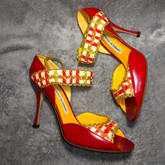 Manolo Blahnik Red and Yellow Strapped Heels - Picture 2 of 10